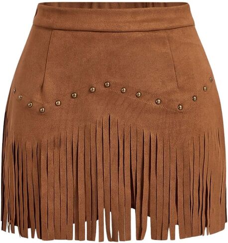 Sweatyrocks Women's Faux Suede Fringe Skirt High Checled Tassel Mini Cowgirl Tarts in Kuwait