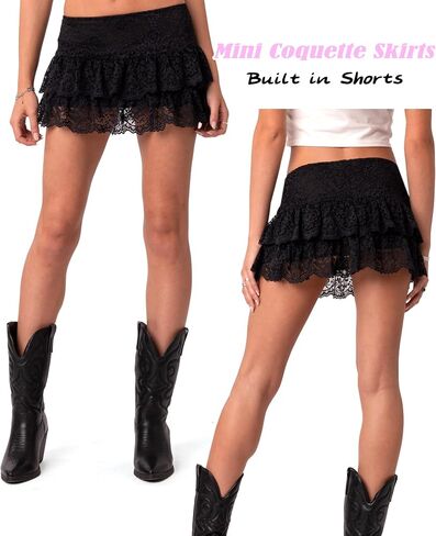 Navneet Women Sexy Y2K Sheer Lace Ruffle Mini Skirt Low Rise Mesh Ruffle Shorts Micro Skirt Coquette Going Out in Saudi Arabia