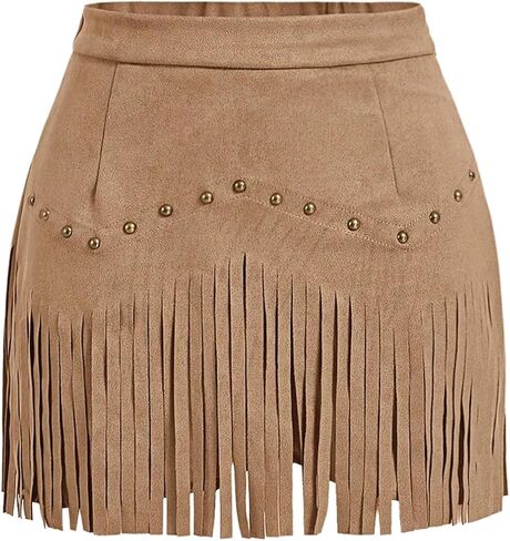 Sweatyrocks Women's Faux Suede Fringe Skirt High Checled Tassel Mini Cowgirl Tarts in Kuwait