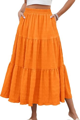 HUSKARY Women's Summer Casual Elegant Smock Layered Tiered Maxi Skirt High Waisted A Line Flowy Long Skirts with Pockets in Saudi Arabia