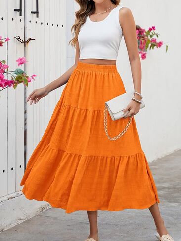 HUSKARY Women's Summer Casual Elegant Smock Layered Tiered Maxi Skirt High Waisted A Line Flowy Long Skirts with Pockets in Saudi Arabia