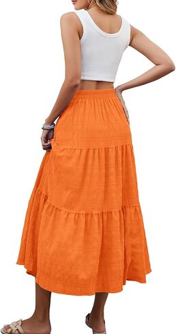 HUSKARY Women's Summer Casual Elegant Smock Layered Tiered Maxi Skirt High Waisted A Line Flowy Long Skirts with Pockets in Saudi Arabia