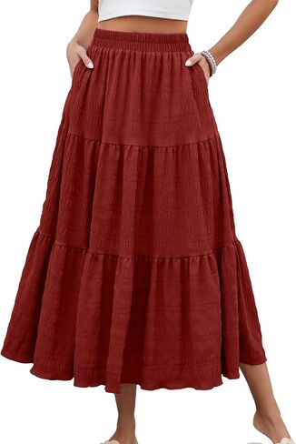 HUSKARY Women's Summer Casual Elegant Smock Layered Tiered Maxi Skirt High Waisted A Line Flowy Long Skirts with Pockets in Saudi Arabia