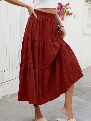 HUSKARY Women's Summer Casual Elegant Smock Layered Tiered Maxi Skirt High Waisted A Line Flowy Long Skirts with Pockets in Saudi Arabia