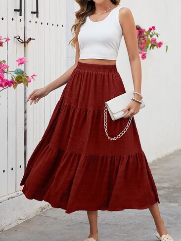 HUSKARY Women's Summer Casual Elegant Smock Layered Tiered Maxi Skirt High Waisted A Line Flowy Long Skirts with Pockets in Saudi Arabia