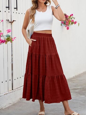 HUSKARY Women's Summer Casual Elegant Smock Layered Tiered Maxi Skirt High Waisted A Line Flowy Long Skirts with Pockets in Saudi Arabia