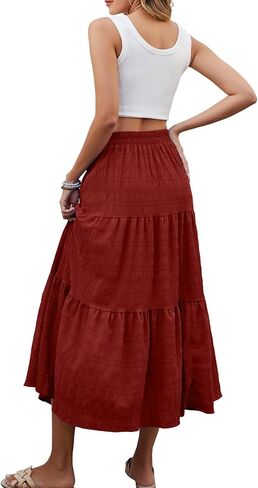 HUSKARY Women's Summer Casual Elegant Smock Layered Tiered Maxi Skirt High Waisted A Line Flowy Long Skirts with Pockets in Saudi Arabia