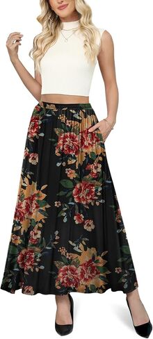 Yincro Womens Maxi Skirt عرضة طور عالي المرونة مرنة المرونة الطويلة مع جيوب in Saudi Arabia