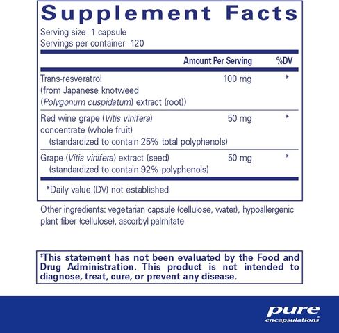 Pure Encapsulations Resveratrol EXTRA - 100 mg Trans-Resveratrol - For Healthy Cellular & Cardiovascular Function* - Antioxidants Supplement - Non-GMO & Gluten Free - 120 Capsules in Kuwait
