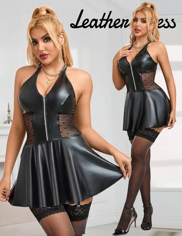 Ohyeah Pu Leatere Lingerie مجموعة للنساء بالإضافة إلى الملابس الداخلية مع الحجم مع حزام الرباط Halter Chemise Lingerie Dress in Saudi Arabia