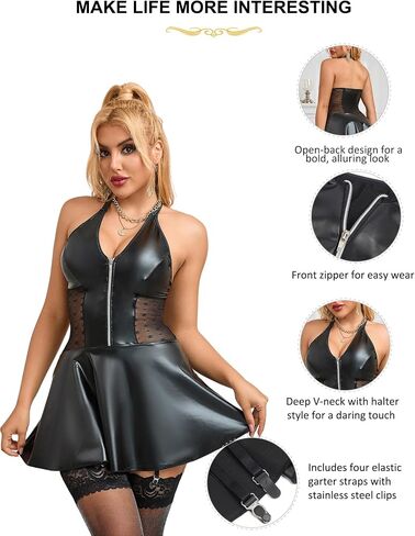 Ohyeah Pu Leatere Lingerie مجموعة للنساء بالإضافة إلى الملابس الداخلية مع الحجم مع حزام الرباط Halter Chemise Lingerie Dress in Saudi Arabia