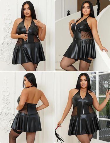 Ohyeah Pu Leatere Lingerie مجموعة للنساء بالإضافة إلى الملابس الداخلية مع الحجم مع حزام الرباط Halter Chemise Lingerie Dress in Saudi Arabia