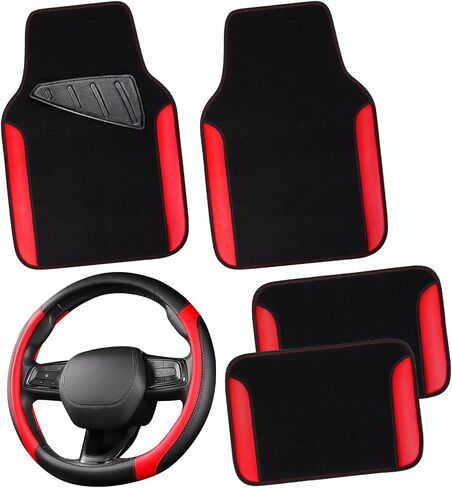 CAR PASS Faux Leather Steering Wheel Cover and Waterproof Car Floor Mats,Universal Car Combo Fit for 95% Sedan,SUV,Cars,14.5-15inch Sporty Anti-Slip Safety Comfortable Design(Black＆Red) in Saudi Arabia