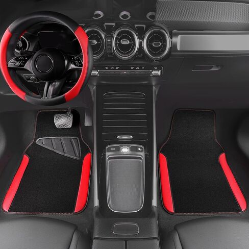 CAR PASS Faux Leather Steering Wheel Cover and Waterproof Car Floor Mats,Universal Car Combo Fit for 95% Sedan,SUV,Cars,14.5-15inch Sporty Anti-Slip Safety Comfortable Design(Black＆Red) in Saudi Arabia
