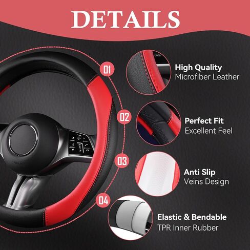 CAR PASS Faux Leather Steering Wheel Cover and Waterproof Car Floor Mats,Universal Car Combo Fit for 95% Sedan,SUV,Cars,14.5-15inch Sporty Anti-Slip Safety Comfortable Design(Black＆Red) in Saudi Arabia