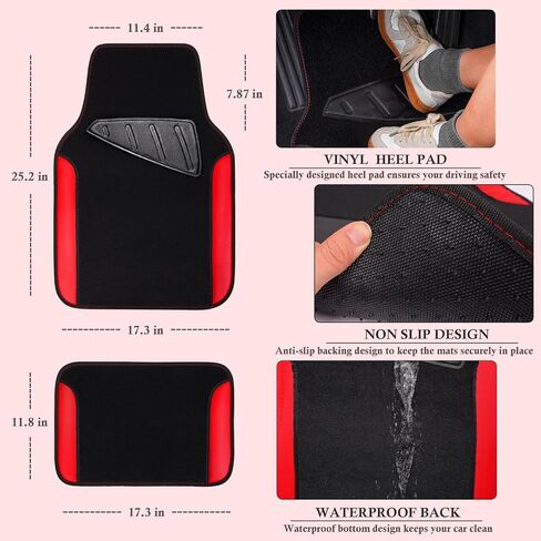 CAR PASS Faux Leather Steering Wheel Cover and Waterproof Car Floor Mats,Universal Car Combo Fit for 95% Sedan,SUV,Cars,14.5-15inch Sporty Anti-Slip Safety Comfortable Design(Black＆Red) in Saudi Arabia