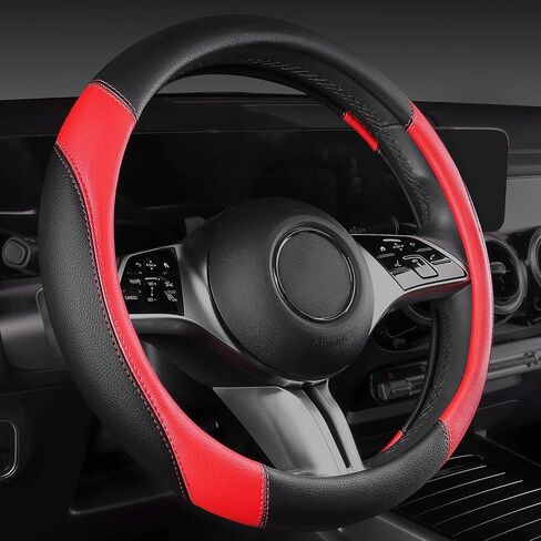 CAR PASS Faux Leather Steering Wheel Cover and Waterproof Car Floor Mats,Universal Car Combo Fit for 95% Sedan,SUV,Cars,14.5-15inch Sporty Anti-Slip Safety Comfortable Design(Black＆Red) in Saudi Arabia