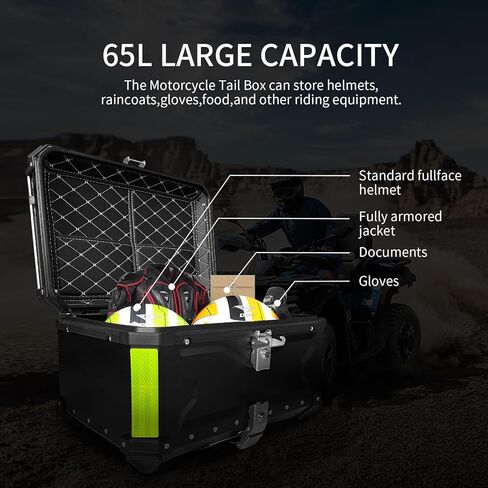 Aluminum Motorcycle Trunk Box, Universal 65L Waterproof Top Case with Security Lock for Helmet Luggage (Black) in Kuwait