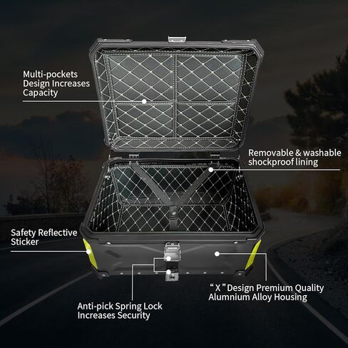 Aluminum Motorcycle Trunk Box, Universal 65L Waterproof Top Case with Security Lock for Helmet Luggage (Black) in Kuwait