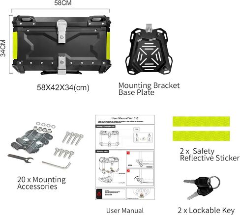 Aluminum Motorcycle Trunk Box, Universal 65L Waterproof Top Case with Security Lock for Helmet Luggage (Black) in Kuwait