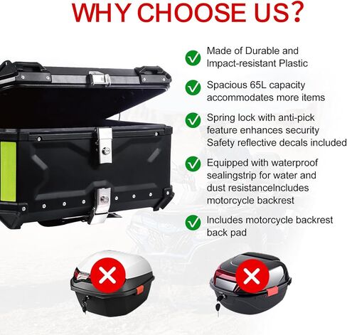 Aluminum Motorcycle Trunk Box, Universal 65L Waterproof Top Case with Security Lock for Helmet Luggage (Black) in Kuwait