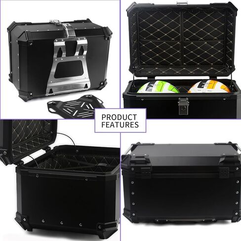 Aluminum Motorcycle Trunk Box, Universal 65L Waterproof Top Case with Security Lock for Helmet Luggage (Black) in Kuwait