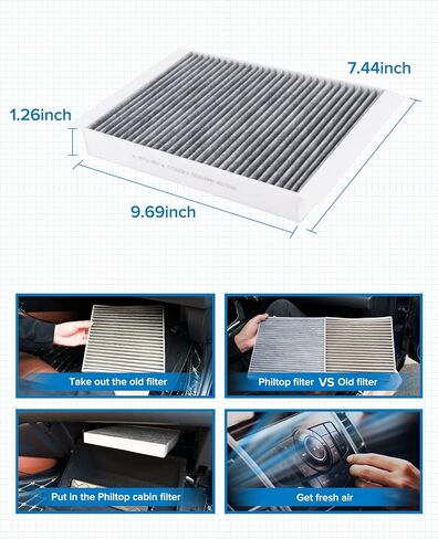 PHILTOP Cabin Air Filter, Replacement for Sonata 2006-2010, Santa Fe 2007-2009, Optima 2006-2010, Azera 2006-2008, Premium ACF059(CF10381) Cabin Filter with Activated Carbon, Filter Up Dust Pollen in Kuwait