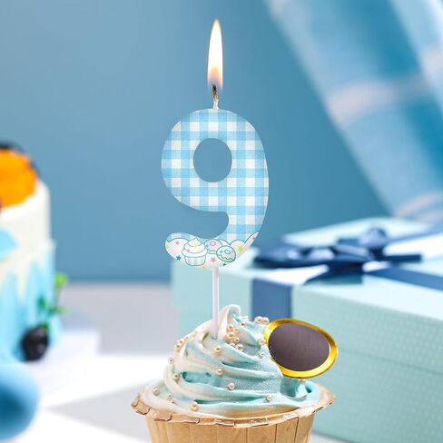 Cute Anime Themed Birthday Number Candles Kawaii Theme Birthday Cake Topper Blue and White Plaid, Cloud and Cake Pattern Candle for Girls Party Decor Supplies(Number 8) in Saudi Arabia