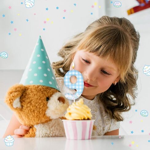 Cute Anime Themed Birthday Number Candles Kawaii Theme Birthday Cake Topper Blue and White Plaid, Cloud and Cake Pattern Candle for Girls Party Decor Supplies(Number 8) in Saudi Arabia