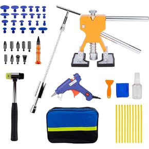 Paintless Dent Repair Tool Dent Puller Kit Adjustable Width Pops a Dent Car Dent Removal Kit Golden Lifter Bridge Puller& Glue Gun for Automobile Body Motorcycle Refrigerator, T-001