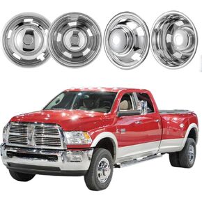 4pcs 17 Protective Polished Stainless Steel Dually Wheel Simulators, Waterproof Replacements Bolt On Wheel Cover Removable Centre Cap,8 Lug Hubcap Fit for 03-18 Dodge Ram 3500 W/Install Tool