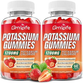 2 عبوة البوتاسيوم للبالغين ، كلوريد البوتاسيوم Gummies 1200mg تدعم الساق تشنجات وتوازن بالكهرباء ، نكهة الفراولة 120 العد