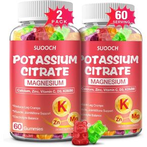 2 Pack Potassium Citrate Gummies 120 Count, 1200mg Potassium Supplement, Potassium Gummies for Women & Men, Chewable Potassium Magnesium Zinc Supplement, Support Leg Cramps & Muscle Health