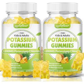 softbear Potassium Chloride Gummies 1200mg, Sugar-Free Potassium Gummies for Adults Support Leg Cramps High Potency Potassium Chloride Supplement, Pineapple Flavor 120 Count