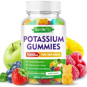 Potassium Citrate Gummies 1000mg, High Potency Potassium Supplement for Adults Women & Men, Support Leg Cramps & Muscle Health, Sugar-Free, Mixfed Fruit Flavor, 60 Count