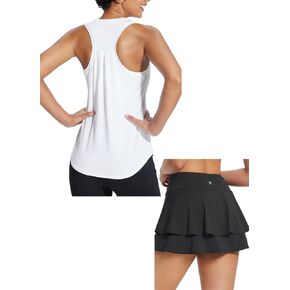 baleaf Women's 14" Tennis Skirts Golf Skorts & Workout Tank Top Racerback Black&White M