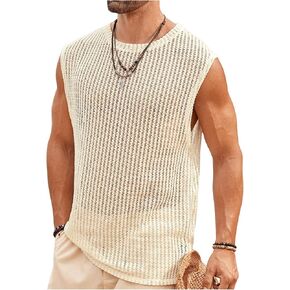 WDIRARA Men's Hollow Out Round Neck Sleeveless See Through Tank Top Summer Casual Top