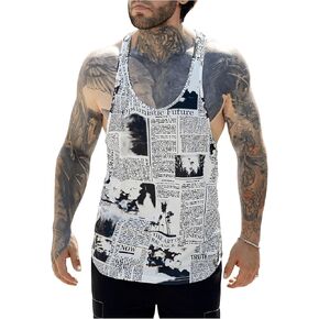 WDIRARA Men's Newspaper Print Sleeveless Tank Top Racerback Asymmetrical Hem Tee Shirt