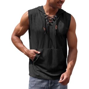 Men's Sleeveless Hooded Tank Top Pullover Cut Off Shirts with Pocket Hoodies Tank Tops Vest Casual Workout