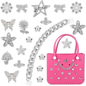 Charms for Bogg Bag, Bling Silver Decorative Charms and Chain for Bogg Bag Accessories Rubber Beach Tote Decoration Inserts