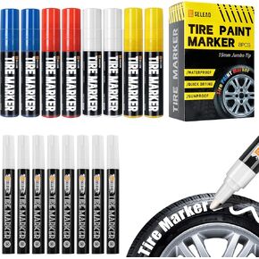 SELEAD 8-Pack Medium Tip White + 8-Pack Jumbo Wide Tip White Red Blue Yellow Tire Markers Paint Pens for Car Tires Lettering
