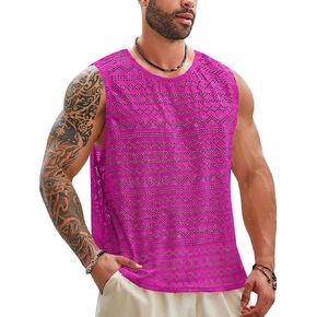Beotyshow Mens See Through Vest Crewneck Sleeveless Tank Tops Muscle Sexy Lace Mesh Shirts