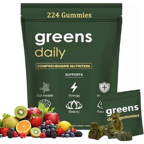 Greens Gummies - Organic Chlorella and Spirulina, Digestive & Gut Health, Formulated with 60+ Ingredients, Multi-Vitamins & Minerals, Daily Gummies, 224 Gummies Bear