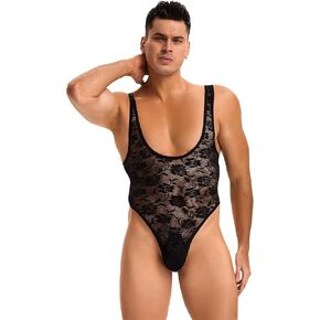 Men's Bodysuit Lace Floral Thong Lingerie Sheer Sleeveless Leotard for Men Sexy Underwear Sissy Clothes Tank Top