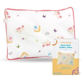 Toddler Pillow with Pillowcase 13x18 - Kids Sleeping Pillow - Soft Breathable Cotton - Ergonomic Neck Support - (Trucks and Toys)