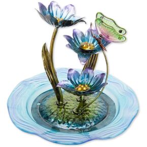 Bits and Pieces - Iridescent Glass Butterfly Fountain Sculpture – Indoor Home Décor - Zen Water Fountain - Desk or Tabletop Accessories - 12" Tall Multicolor