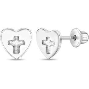 925 Sterling Silver Heart with Cross Toddler & Young Girls Safety Screw Back Earrings, Children's Tiny Stud Earrings - Religious Gift Idea for Kids, Beautiful & Fashionable Cross-Heart
