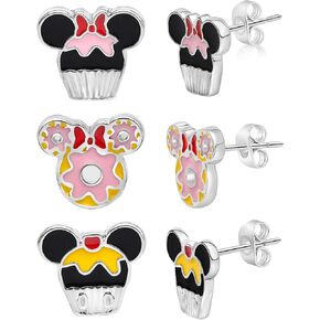 Disney Minnie and Mickey Mouse Earrings 3-Pack Official License, Enamel-Plated Cupcakes and Donuts Stud Earrings