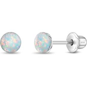 925 sterling Silver Round Round Round Simed Opal Screw Back Strains للرضع والأطفال الصغار والفتيات الصغيرات 4 مم