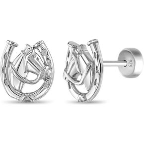 925 Sterling Silver Horse أقراط للفتيات | أقراط سلامة حدوة الحصان الفروسية للأطفال الصغار والخيول الشابات - جميل للأطفال الصغار للأطفال في سن المراهقة أو عاشق الخيول